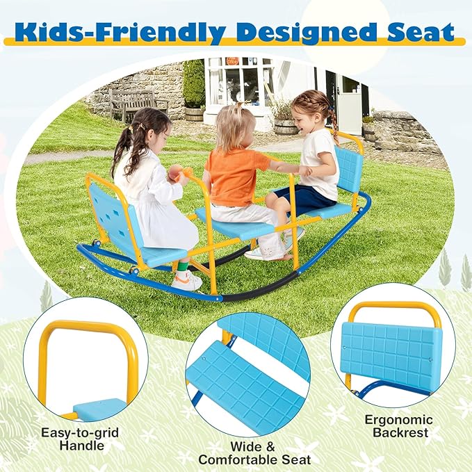 3-Person Teeter Totter Seesaw, Sit and Spin 360° Rotating Rocking Toy for Toddlers, Heavy Duty Metal Seesaw for Kids Outdoor, 3-Seater Backyard Playground Equipment for Ages 3-8 (Blue)