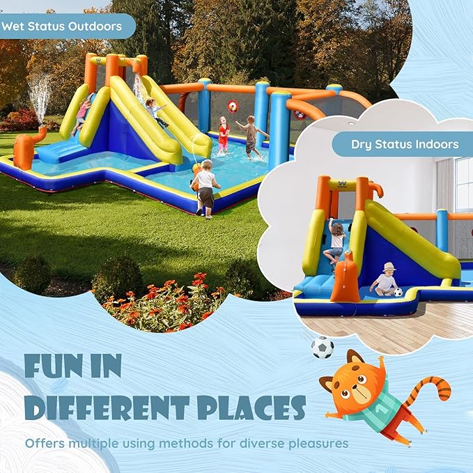 BOUNTECH Inflatable Water Slide, Kids Water Park Jump Castle Water Soccer with Dual Cannons, Splash Pool, Water Slides Inflatables for Kids Outdoor, Backyard Party Water Slide Bounce House with Blower
