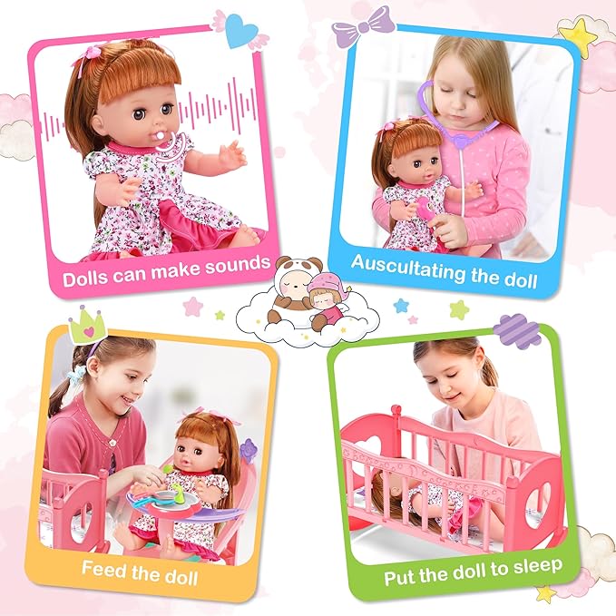 Baby Doll Toys Set, 14" Doll Toys, 25Pcs Dolls Care Toy Playset, Toddlers Toy Dolls Set Incl Cradle Crib, High Chair, Milk Bottle, Pacifier, Diaper, Baby Gift for Age 3 4 5 6+ Years Old Girls Boys