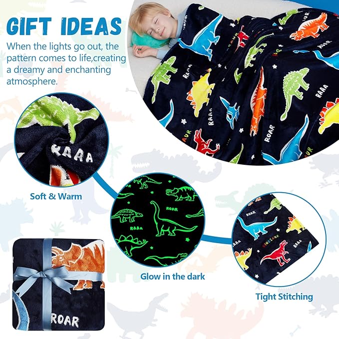 Dinosaur Gifts Toys for Boys Girls,Glow in The Dark Dinosaur Blanket, Birthday Presents Decor for Kids Age 3-14 Year Old Son Teen Child Toddler Luminous Christmas Bedroom Throw Blanket 50"x60"