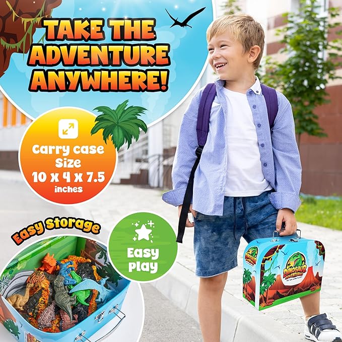 Dinosaurs Carry Case Set - with Play Scenery Inside, 8 Dinosaur Figures & 2 Volcanic Landscape | Toddler Toys for Kids 3-5