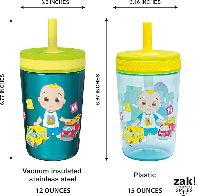 Zak Designs CoComelon Kelso Tumbler Set, Leak-Proof Screw-On Lid with Straw, Bundle for Kids Includes Plastic and Stainless Steel Cups with Bonus Sipper (3pc Set, Non-BPA)