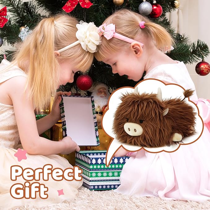 Puffpals Weighted Plush, Cute Highland Cow Weighted Stuffed Animal with Beads, Soft Sensory Plush Pillow Toy for Kids & Adults (13.4in, 1.7lbs)