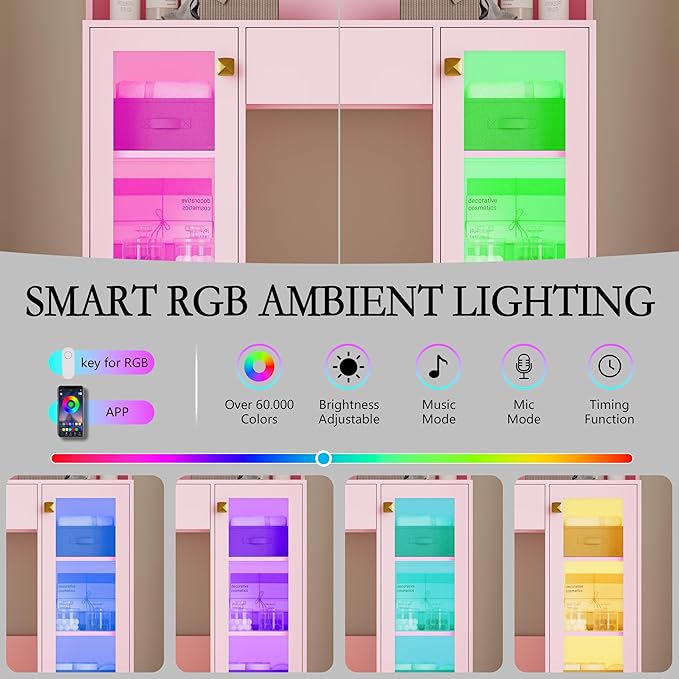 Vanity Desk with Mirror and Lights, Small Makeup Vanity Table with RGB Storage Cabinet & Power Strips & Shelves, 3 Lighting Modes & Adjustable Brightness, Dressing Table for Women Girls Bedroom, Pink
