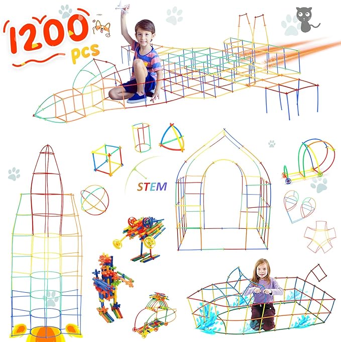 Ggiibro Straw Constructor Toys 1200Pcs STEM Building Toys Aged for 3 4 5 6 7 8+ Interlocking Plastic Toys Preschool Engineering Thin Tube Blocks Toy Educational Toy Kit for Classroom Kids Toys Set