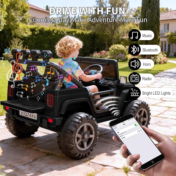 2 Seater Ride on Car Toy for Kids, 24V 4x4 Ride-on Truck, w/Parent Control, Soft Start, 3 Speed, 4-Wheeler Suspension, Bluetooth, LED Lights, Electric Car for Kids Toddler Ages 3-8, Black