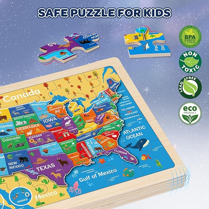 Puzzles for Kids Ages 4-6, 4 Packs 24 Pcs Wooden Jigsaw Puzzles for Toddlers Ages 2-4, Preschool Educational Map Puzzle Toys Gifts for 3 4 5 6 Boys Girls