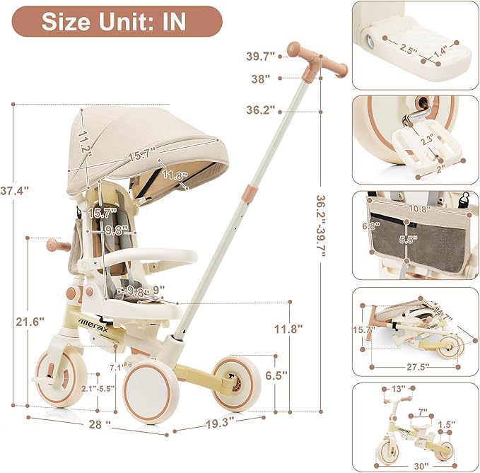 7 in 1 Baby Tricycle Stroller for Toddlers Ages 1Y-6Y Adjustable Push Handle Rotatable Seat Retractable Canopy