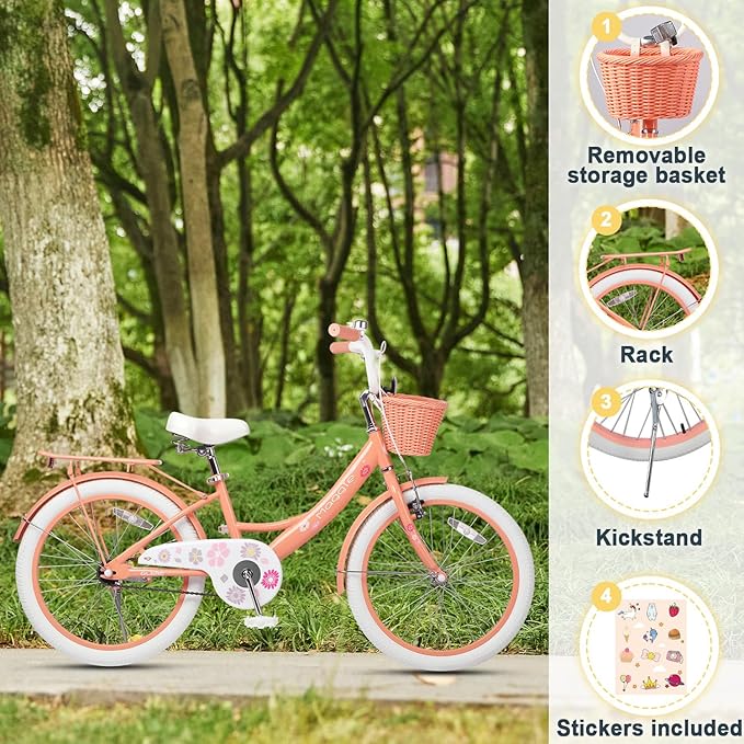 Glerc Maggie Girls Bike, 12-20 Inch Kids Bike for 2-13 Years Old Children, Princess Style Kids Bicycle with Doll-Seat & Basket & Training Wheels, Multiple Colors