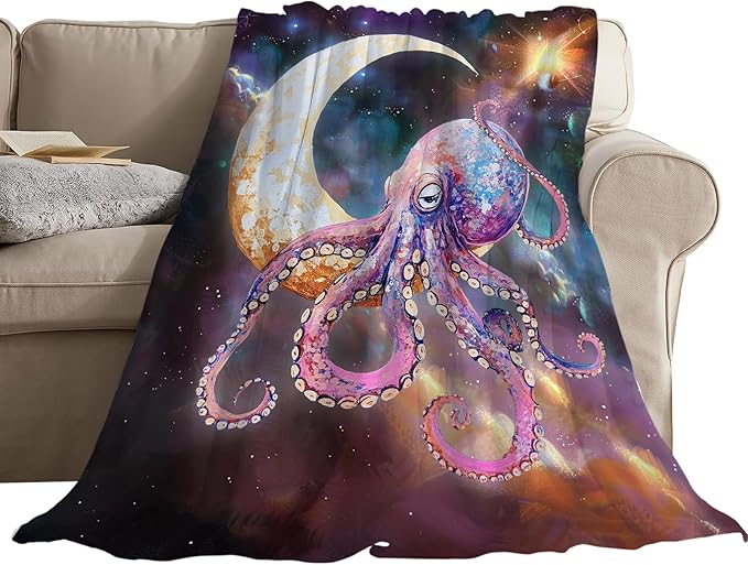 Octopus Blanket Fleece Soft Warm Plush Octopus Moon Galaxy Throw Blanket Lightweight Plush Fuzzy Cozy Funny Animal Blankets for Lover Kids Adult Suitable for Couch Sofa Bed 80"X60"