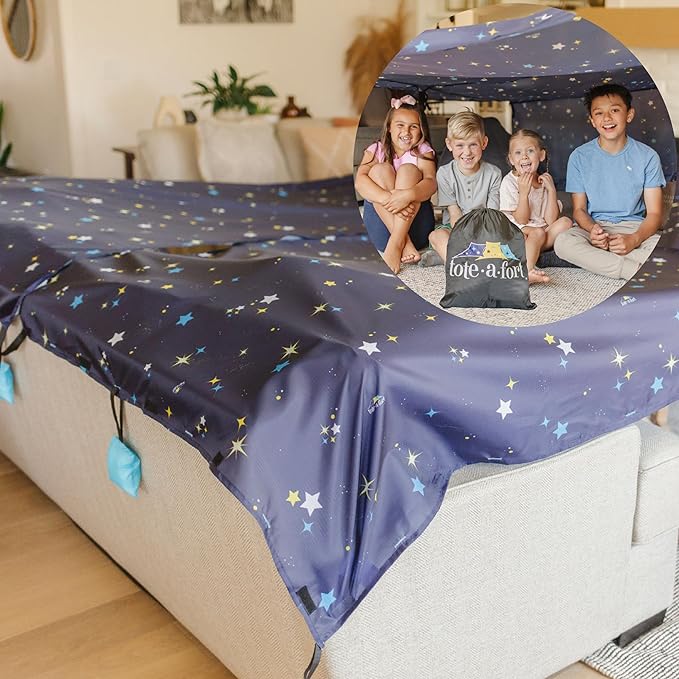 Tote a Fort Starry Blanket Fort Building Kit for Kids, 3 Blanket TOTEAFORT Toy, Make a Portable Playhouse, Play Tent Boy and Girl Indoor Outdoor Build Set, STEM Children Toy, Ages 4, 8, 12 +