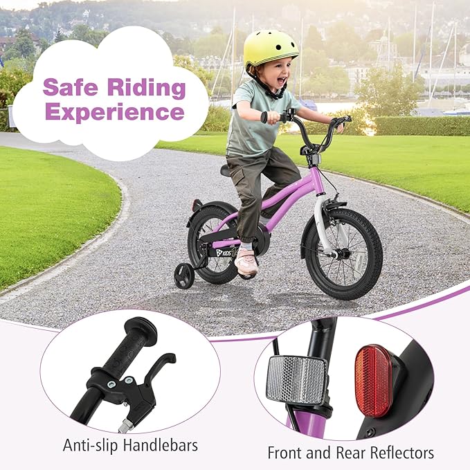 BABY JOY Kids Bike, 12 14 16 18 Inches Sporty Bicycle with Training Wheels, Adjustable Seat, Handbrake & Coaster Brake, Reflectors, Girls Boys Bike for 3-8 Years Old Children