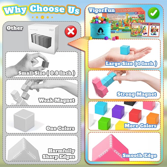 65 PCS Magnetic Blocks Set, 1" Magnet Building Blocks with Toy Eyes and Storage Bag for Kids Gifts, STEM Educational Preschool Sensory Toys for Toddlers Boys Girls Ages 3 4 5 6 7 8 + (Bright Color)