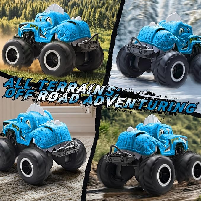 Amphibious Monster Truck Toys, 1:20 Waterproof Dinosaur Monster Trucks for Boys Age 4-7, 2.4GHz All Terrain RC Cars with 2 Batteries, 360° Rotating Stunt RC Car Toy Birthday Gift for Kids 3-5