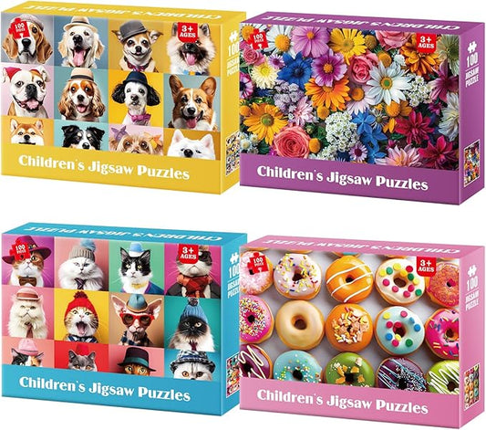 100 Piece Puzzles for Kids Ages 4-8 - Dogs Flowers Donuts Cats Puzzles - Large Puzzle for Senior Jigsaw Puzzle for Kids Ages 4-6 6-8 8-10 Year Old Educational Toys Gifts 4-Pack 15"x11"