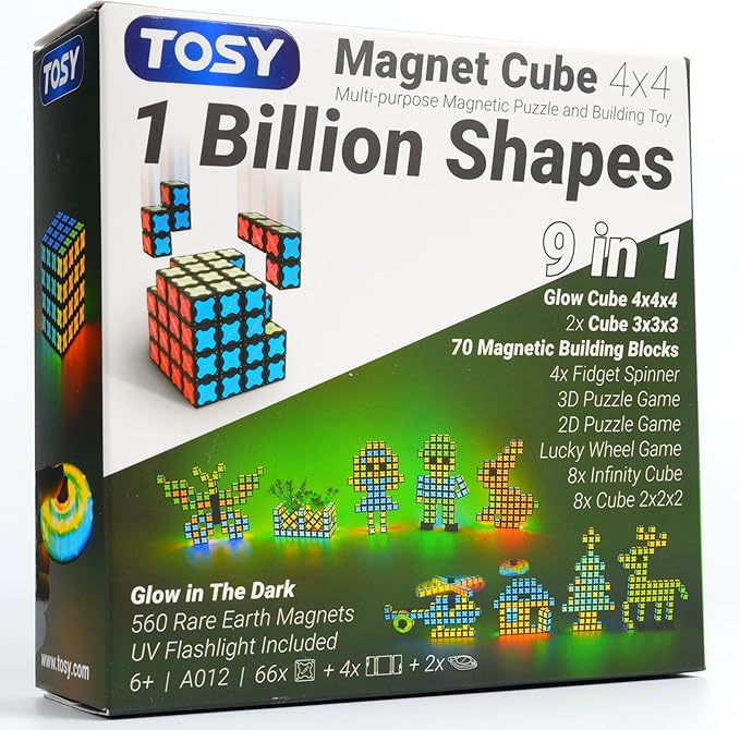 TOSY Magnet Cube 4x4 - 70 Blocks, 560 Magnets, Multipurpose: Creative Building Blocks, Transformable Fidget Spinner, Puzzle/Infinity Cube, Christmas Stocking Stuffers Gift for Kids, Glowing STEM Toy