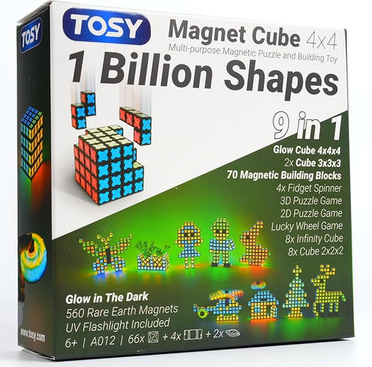 TOSY Magnet Cube 4x4 - 70 Blocks, 560 Magnets, Multipurpose: Creative Building Blocks, Transformable Fidget Spinner, Puzzle/Infinity Cube, Christmas Stocking Stuffers Gift for Kids, Glowing STEM Toy