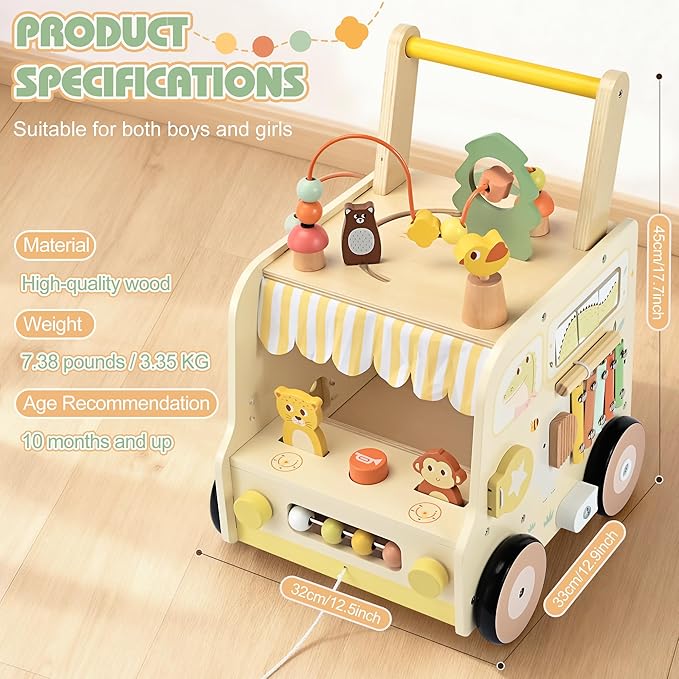 Wooden Activity Cube Push Walker, Wooden Baby Walker, Montessori Toys for Babies 10-12 Months 1 2 3 Years Old Boys & Girls, Help Learning to Walk & Sit-to-Stand
