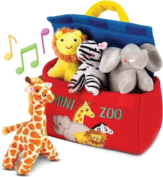 Bundaloo Plush Mini Zoo Playset - Giraffe, Elephant, Lion, Zebra - Interactive Animals, Carrier with Velcro Closure, Natural Sound Effects for Babies and Toddlers