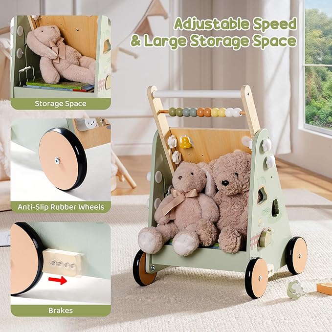 ROBOTIME Baby Walking Toy, Adjustable Speed & Height Wooden Baby Walker Push Toy, Montessori Toddler Push Toy with Brake, Storage & Multi-Activity Play Center for 10M+ Kids (Forest Fairy Tale)