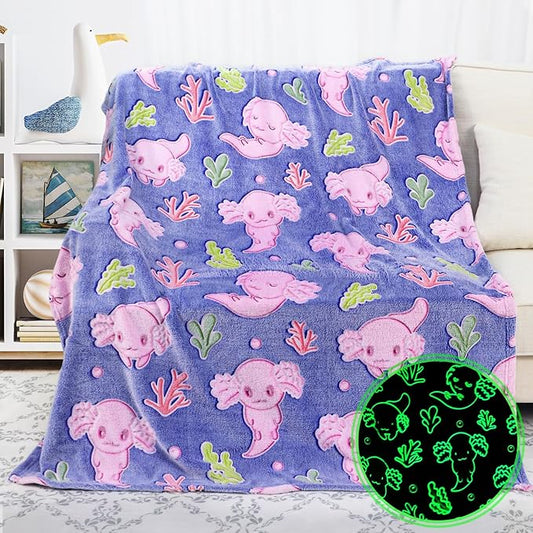 Pink Axolotl Gifts Toys for Girls Axolotl Blanket Glow in The Dark Axolotls Birthday Decorations Cute Kids Throw for Girls Salamander 40"x50"
