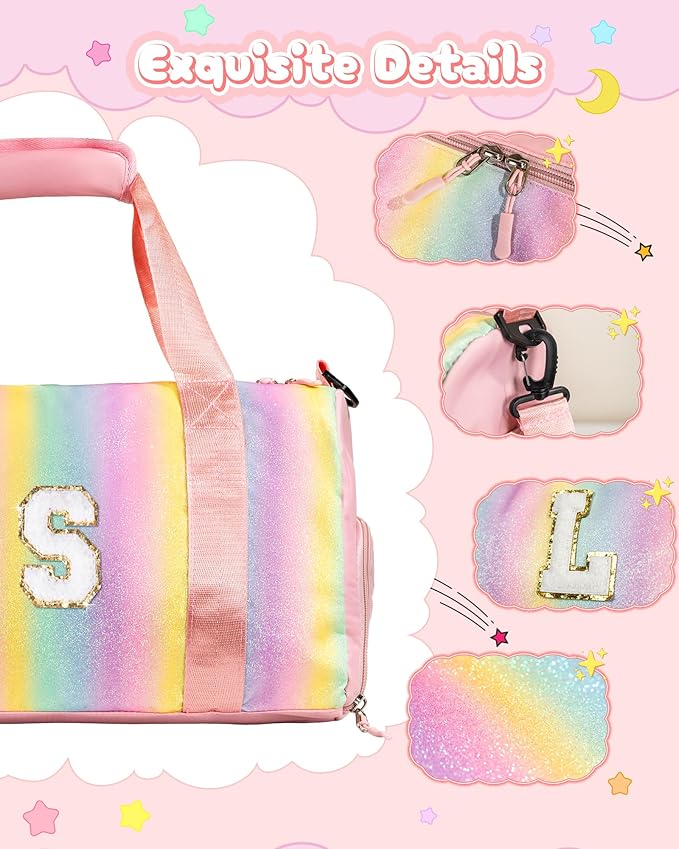Dorm Room Essentials for Girls-Girl Gym Bag with Shoe Compartment, Kid Personalized Weekender Overnight Bags, Initial Travel Tote with Makeup Pouch, Preppy Stuff Gifts for Kids (Letter F)