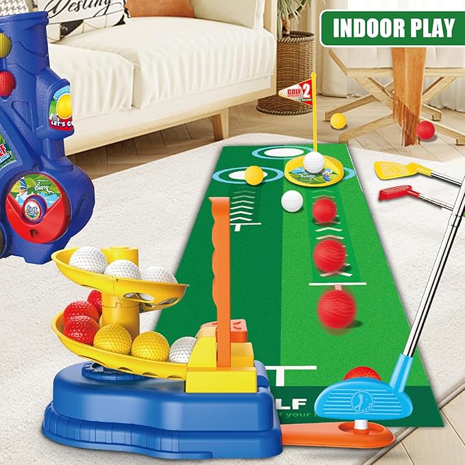 Toddler Golf Clubs Set for Ages 3 4 5 6 7 Years Old, 2 in 1 Kids Golf Clubs Toy with Golf Cart, Ball Launcher, 20 Balls, Golf Board, Putting Mat - Indoor Outdoor Mini Golf Set Sport Toys