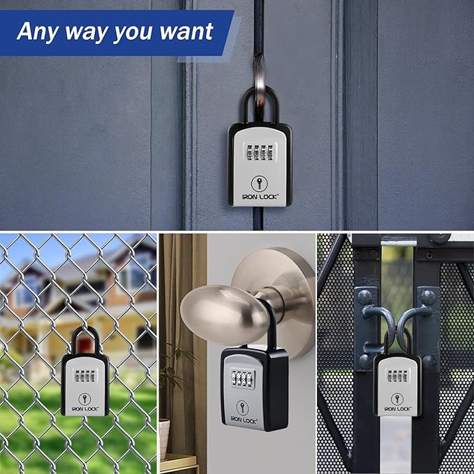 Iron Lock® Portable Key Lock Box with Removable U-Shackle Indoor Outdoor Waterproof 4 Digit Combination Resettable Code with A B Switch Key Lockbox for Outside Spare Keys for Realtors (Small, Grey)