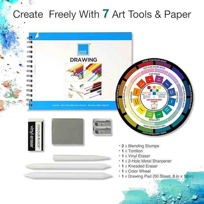 COLOUR BLOCK 91pc Drawing Pencil Set, Sketching, Coloring, Charcoal Pencils, Soft Pastels, Sketch Book, Travel Friendly Art Supply Kit for Kids Teens and Adults