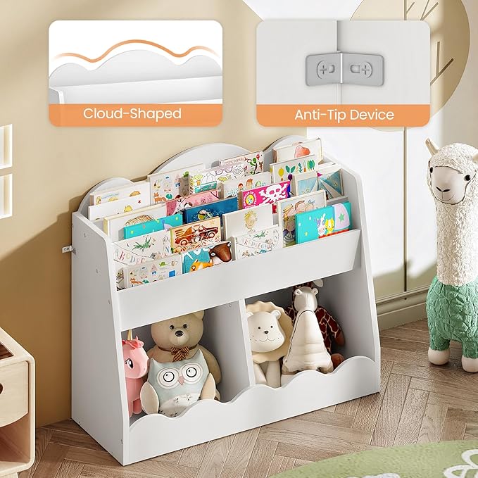 Kids Bookshelf and Toy Storage, Children's Bookcase with 2 Toy Cubes, Toddler Book Shelf for Kids Room, Wooden Book Organizer, for Playroom, Nursery, Living Room, White MCW15WB