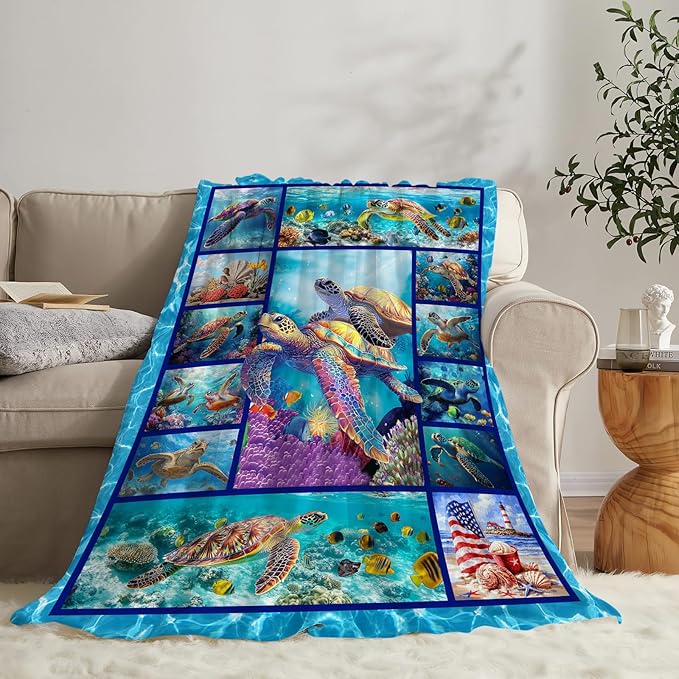 Sea Turtle Blanket Ultra Soft Cozy Sea Turtle Throw Blanket Fleece Fuzzy Plush Bedding Marine Life Lovers Gifts for Women Girls Kids Adults Couch Sofa 80"x60"