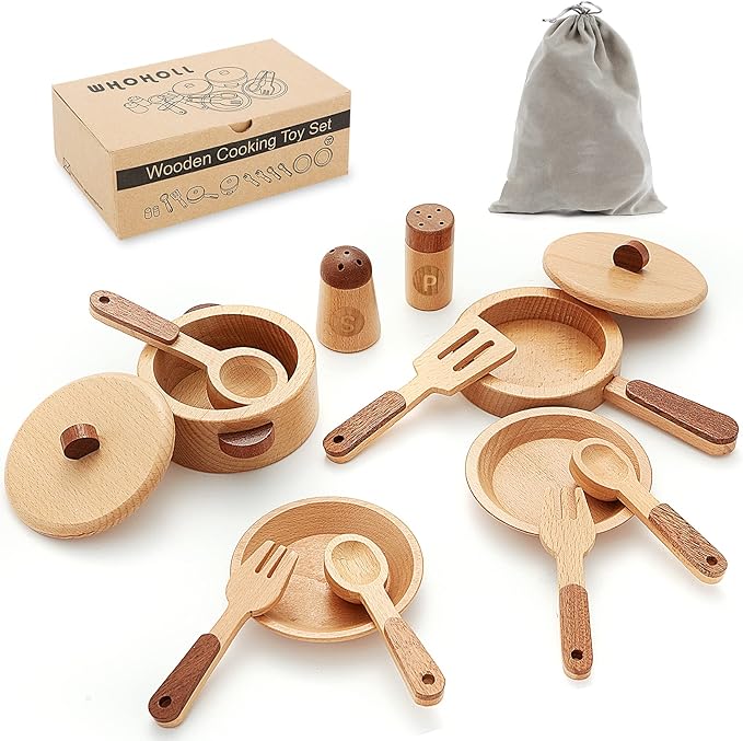 WHOHOLL Play Kitchen Accessories, Wooden Kitchen Set for Kids Ages 3-5 - Montessori Cooking Toys with Toy Pots and Pans (Large)