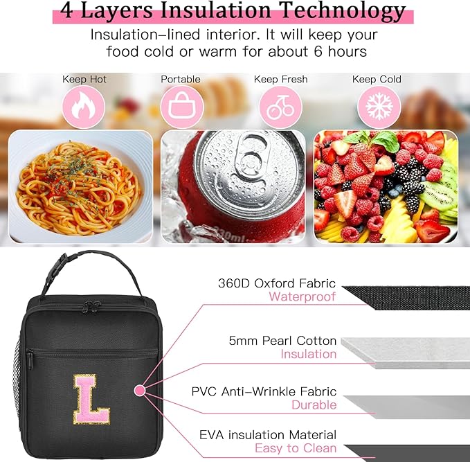 Initial Insulated Lunch Bag, Lunch Box with Initial Letter Patch for Teen Adult, Reusable Lunch Bag for Men Women, Ideal Back to School Gift Birthday Gift, Pink L