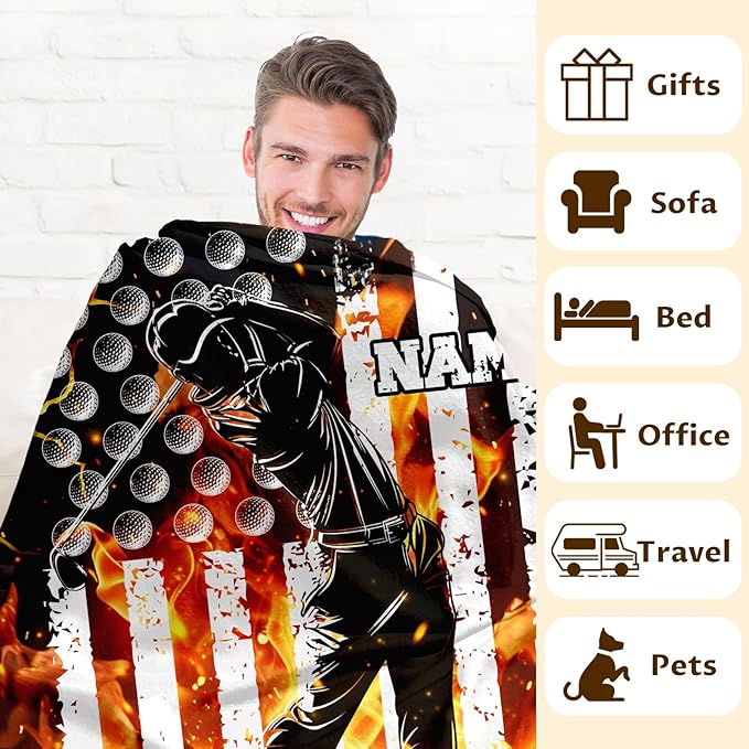 Personalized Golf Throw Blanket Gifts with Name for Boys, Sport Blanket for Kids Teens Adults Golf Lovers, Custom 60x50 Inches Soft Blankets for Sofa Couch Bed