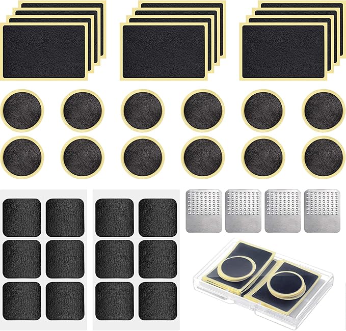 40 Pieces Bicycle Tire Repair Kit Includes 36 Pieces Glueless Bike Tube Patches Self Adhesive Bicycle Tire Patches Included Round Square Rectangle and 4 Pieces Metal Rasps for Road Mountain Bikes