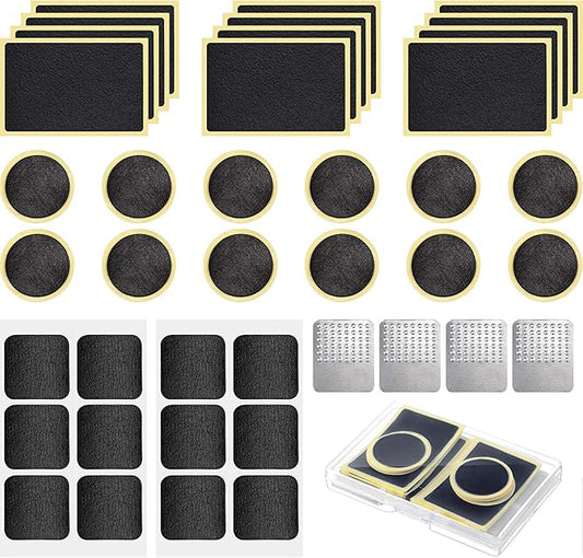 40 Pieces Bicycle Tire Repair Kit Includes 36 Pieces Glueless Bike Tube Patches Self Adhesive Bicycle Tire Patches Included Round Square Rectangle and 4 Pieces Metal Rasps for Road Mountain Bikes