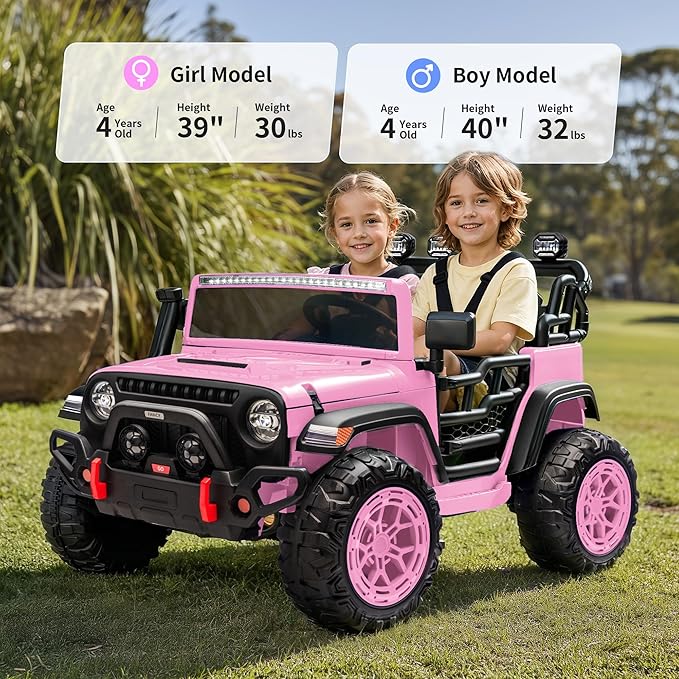 2 Seater Electric Ride on Car Truck, 24V 4x4 Ride on Toy for Kids 4-8 with Remote Control, EVA Tires - Light Pink