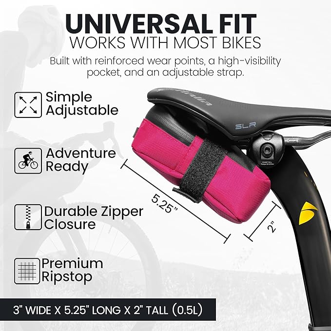 Signature Bike Saddle Bag – Passion Pink | 0.5L Bike Seat Bag (3" x 5.25" x 2") | Water-Resistant Ripstop, Waterproof Zipper, Internal Pocket | Durable Under Seat Storage