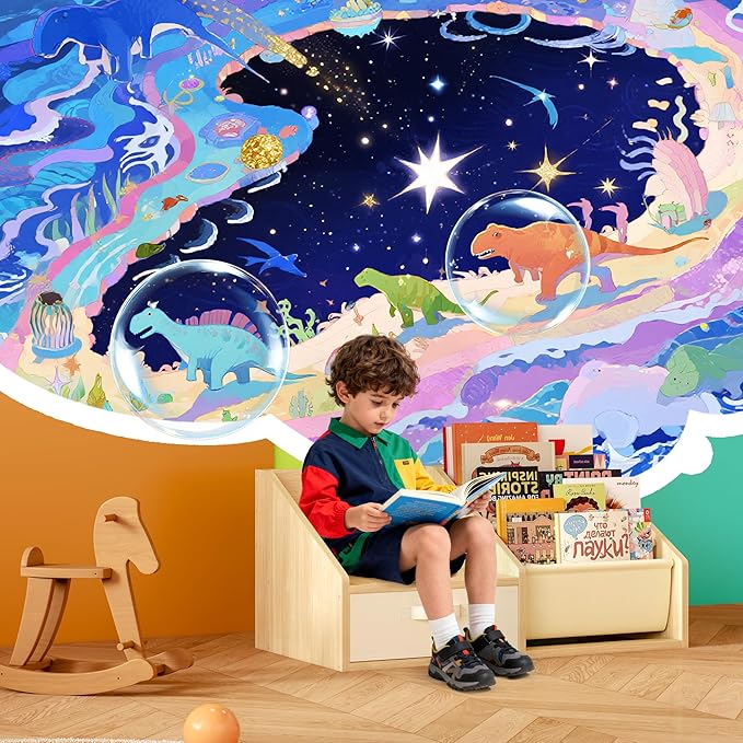 FKWin Kids Bookshelf with Seat - Forward-Facing Book Shelf for Kids Rooms,Nursery Bookcase with 5-Tier Montessori Shelf,Wooden