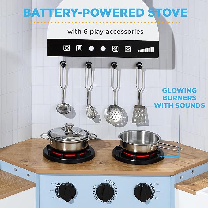 Best Choice Products Pretend Play Corner Kitchen, Ultimate Interactive Wooden Kids Playset w/Lights & Sounds, Ice Maker, Hood - Coastal Blue