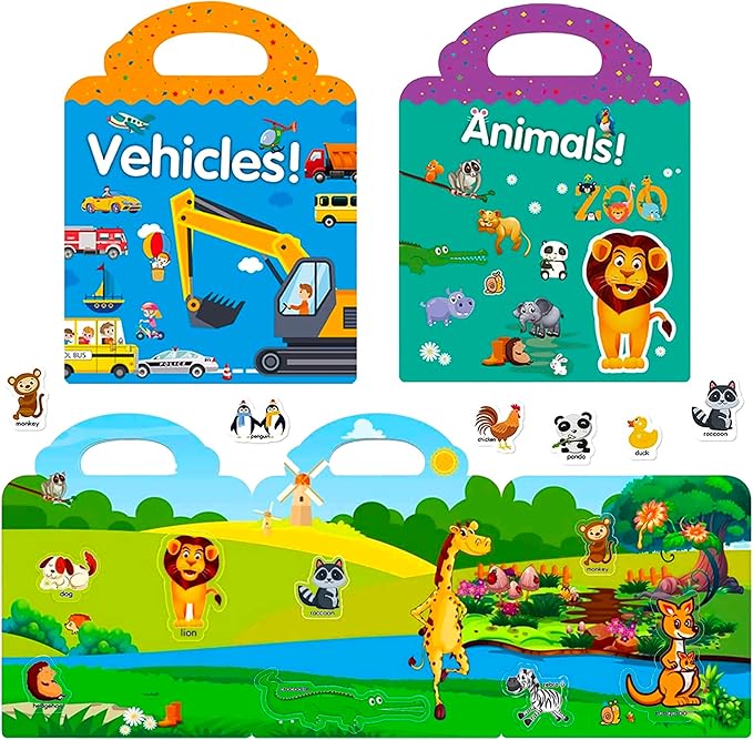 RUSON Reusable Sticker Book for Kids, 4 Sets Educational Learning Toys Travel Stickers Activity Books for Toddler Girls Boys Age 3+ Birthday Gifts - Vehicle, Space, Dinosaur & Animals