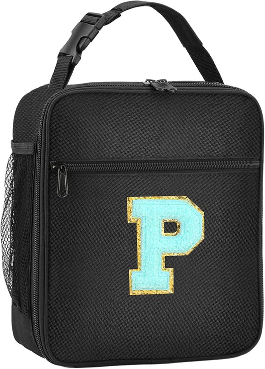 Initial Insulated Lunch Bag, Lunch Box with Initial Letter Patch for Teen Adult, Reusable Lunch Bag for Men Women, Ideal Back to School Gift Birthday Gift, Blue P