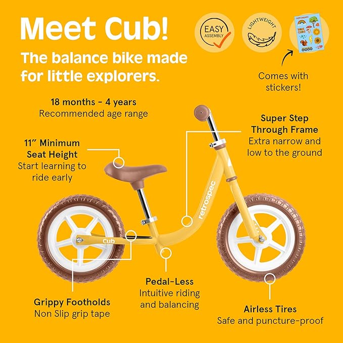Retrospec Cub Toddler Balance Bike for Ages 18 Months - 3 Years - 12in No-Pedal Beginner Bicycle with Adjustable Seat, Puncture-Proof Tires & Safe Low Frame Design
