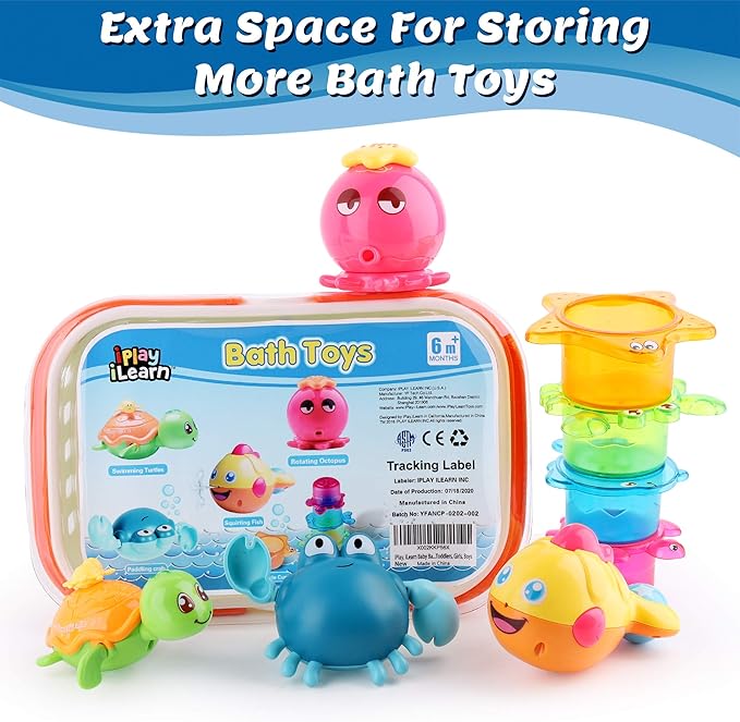 iPlay, iLearn Baby Bath Toys w/ Organizer, Water Squirting Octopus, Wind Up Swimming Turtle, Bathtub & Shower, Stacking Cups, Gift for 6, 9, 12, 18 Months 1, 2, 3 Years, Toddlers, Girls, Boys & Kids