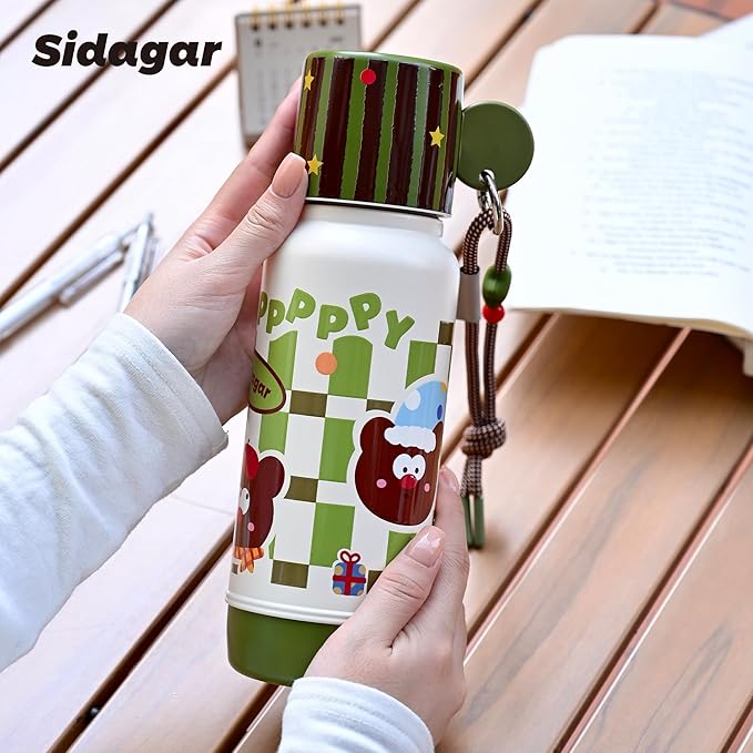 20 oz Cute Tumbler witn Lid and Straw, Insulated Stainless Steel Kids Water Bottle with Strap, Travel Leak Proof Coffee Cup, Bear