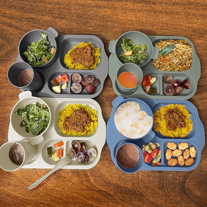 shopwithgreen Wheat Straw Dinnerware Cutlery Set, 20 PCS Kids Toddlers Divided Plates and Bowls Sets, Microwave Unbreakable Tableware Spoon Knife Cup, Dishwasher Safe for Kitchen Picnic School