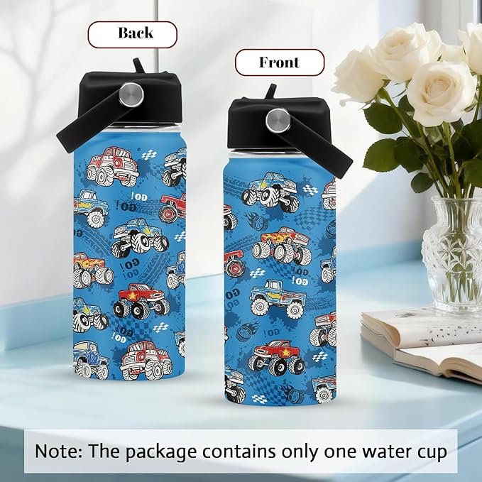 Trucks Gifts for Boy Truck Lovers, 16 oz Water Bottles with Straw Lid, Stainless Steel Insulated Tumbler, Truck Cup Gifts for Birthday Christmas