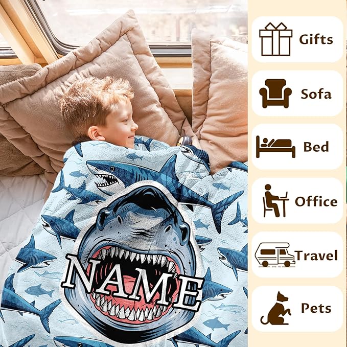 Custom Blanket for Kids Teens Boys Custom Shark Themed Stuff Throws Gifts, Personalized Plush Comfort Cozy 4 Sizes Throw for Sofa Couch Bed Office Travel Party Decor