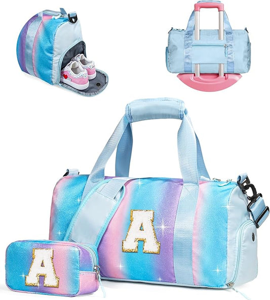 Birthday Gift for Daughter-Girl Gym Bag with Shoe Compartment, Kid Weekender Overnight Bags, Initial Travel Tote with Makeup Pouch, Gift for 3 4 5 6 7 8 9 Year Old Girls (Letter A)
