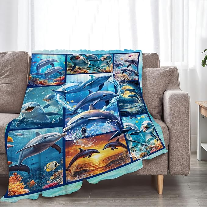 Dolphin Blanket Ultra Soft Cozy Dolphin Throw Blanket Fleece Fuzzy Plush Bedding Marine Life Lovers Gifts for Women Girls Kids Adults Couch Sofa 80"x60"